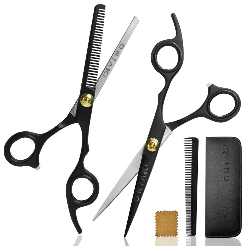 Ontaki Hair Cutting  Thinning Japanese Steel Shears Kit  7Inch Black  Professional Hair Shears  Stainless Steel Thinning Scissors  Barber Scissors Kit with Comb  Pouch